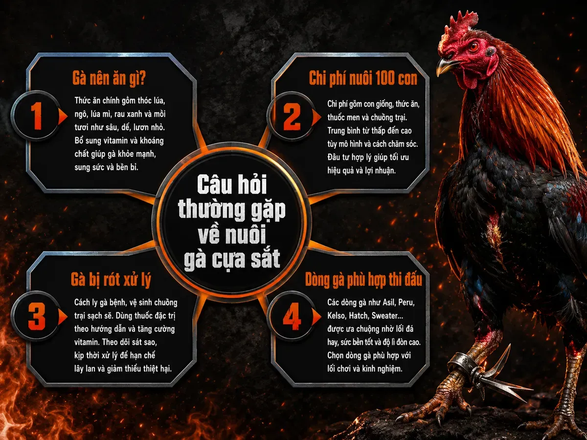 Infographic FAQ nuôi gà cựa sắt: dinh dưỡng, chi phí, phục hồi, dòng gà thi đấu