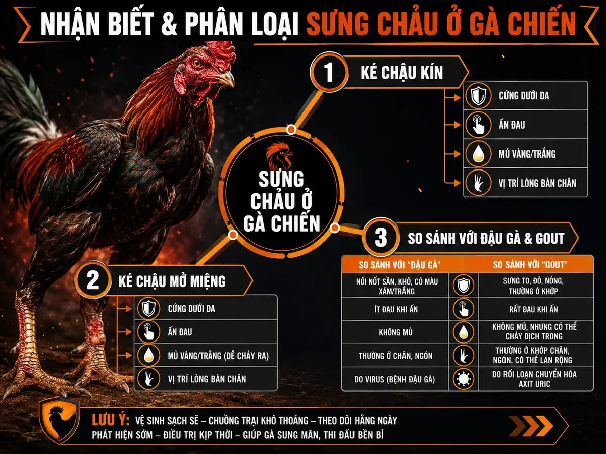 Sơ đồ phân biệt các dạng sưng chảu ở gà chiến, kèm nhãn và biểu tượng triệu chứng