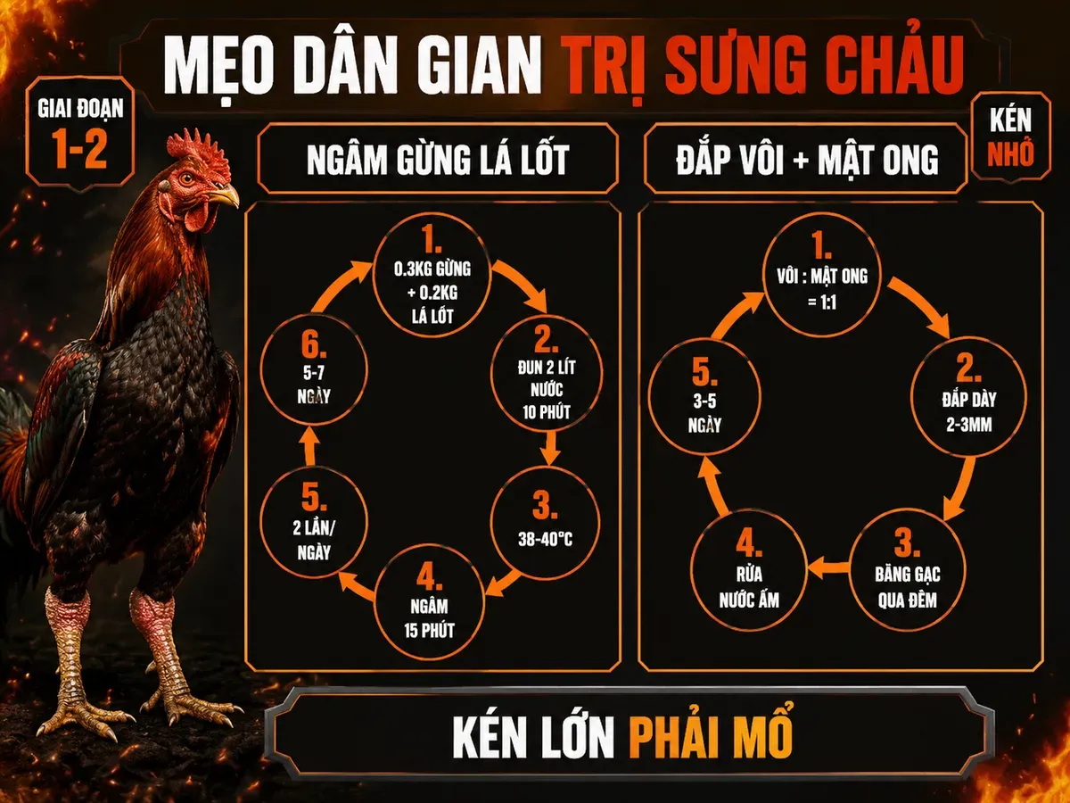 So sánh mẹo dân gian trị sưng chảu bằng ngâm gừng lá lốt và đắp vôi mật ong cho gà đá