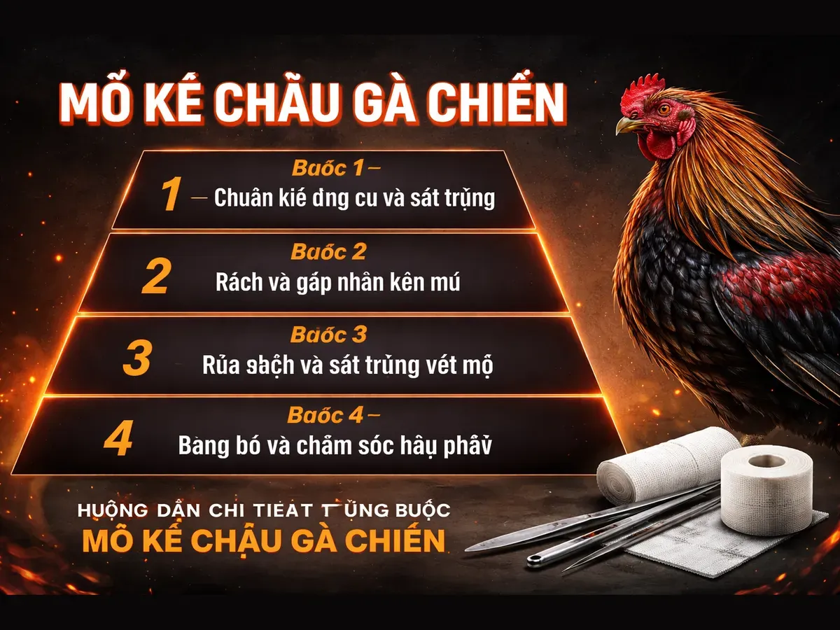Sơ đồ 4 bước mổ ké chậu gà chiến, hướng dẫn chi tiết từng bước, background tối, nhãn rõ ràng