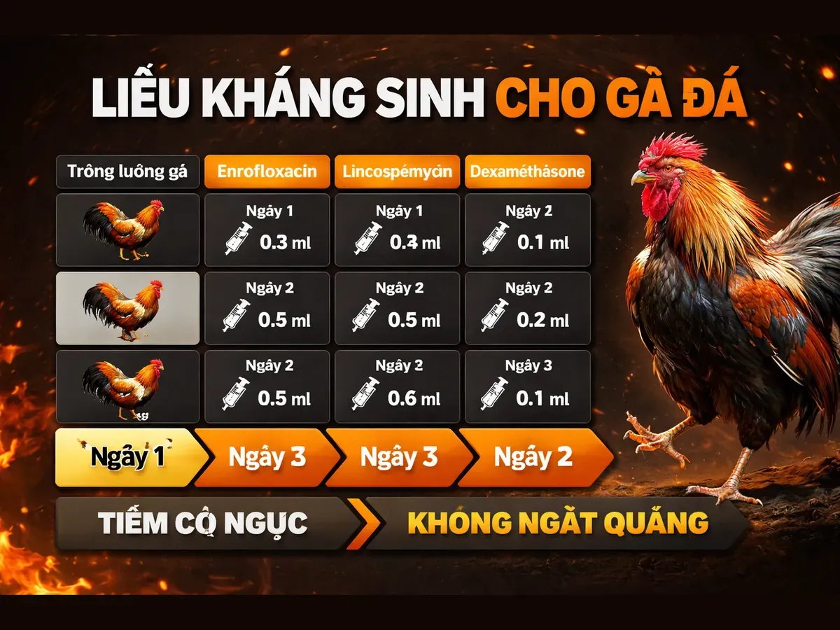 Hình minh họa phác đồ thuốc kháng sinh trị sưng chảu gà chiến theo trọng lượng và ngày tiêm, bảng ô lưới trực quan, dễ đọc