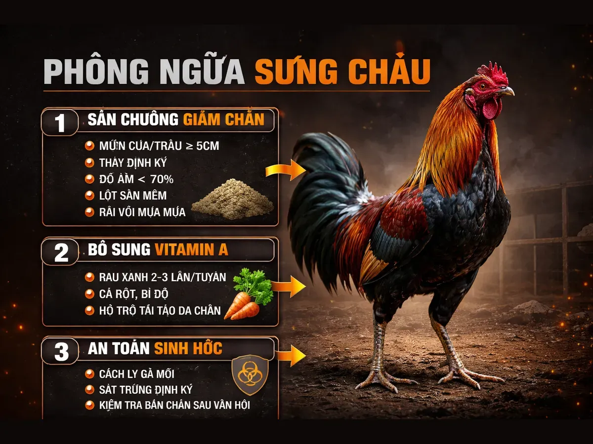 Infographic phòng ngừa sưng chảu tái phát cho gà chiến bằng sàn chuồng đúng chuẩn, Vitamin A và an toàn sinh học