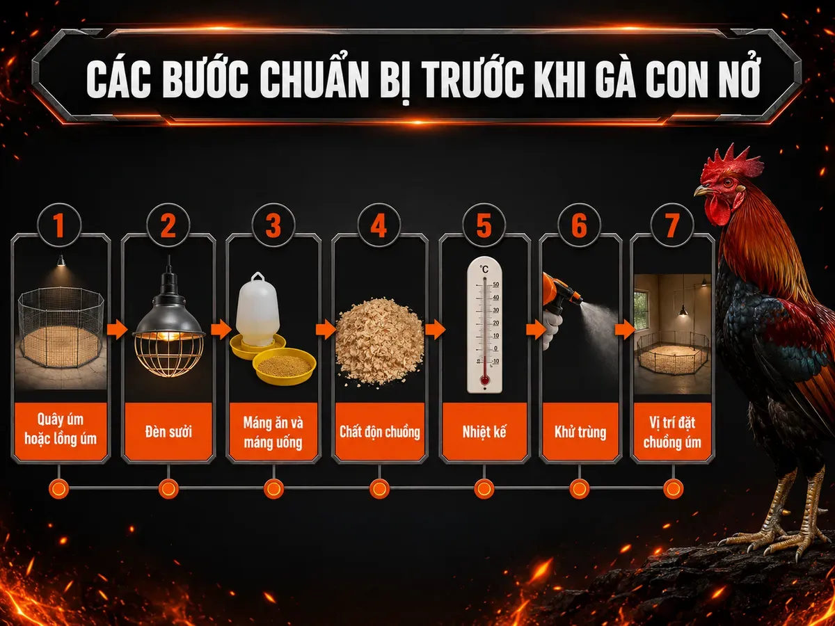 Chuồng úm gà con, thiết bị cần chuẩn bị, quây úm, đèn sưởi, máng ăn uống, trấu lót, nhiệt kế, khử trùng, vị trí thoáng khí, infographic timeline