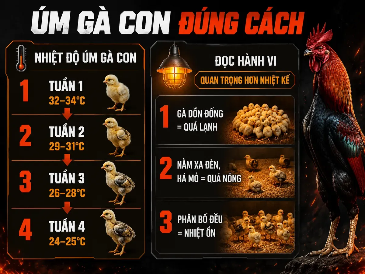 Infographic nhiệt độ úm gà con theo tuần và dấu hiệu nhận biết quá lạnh, quá nóng, nhiệt độ ổn định