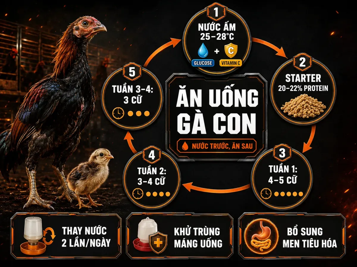 Infographic kỹ thuật cho gà con mới nở uống nước, ăn cám starter và lịch cho ăn tuần 1-4