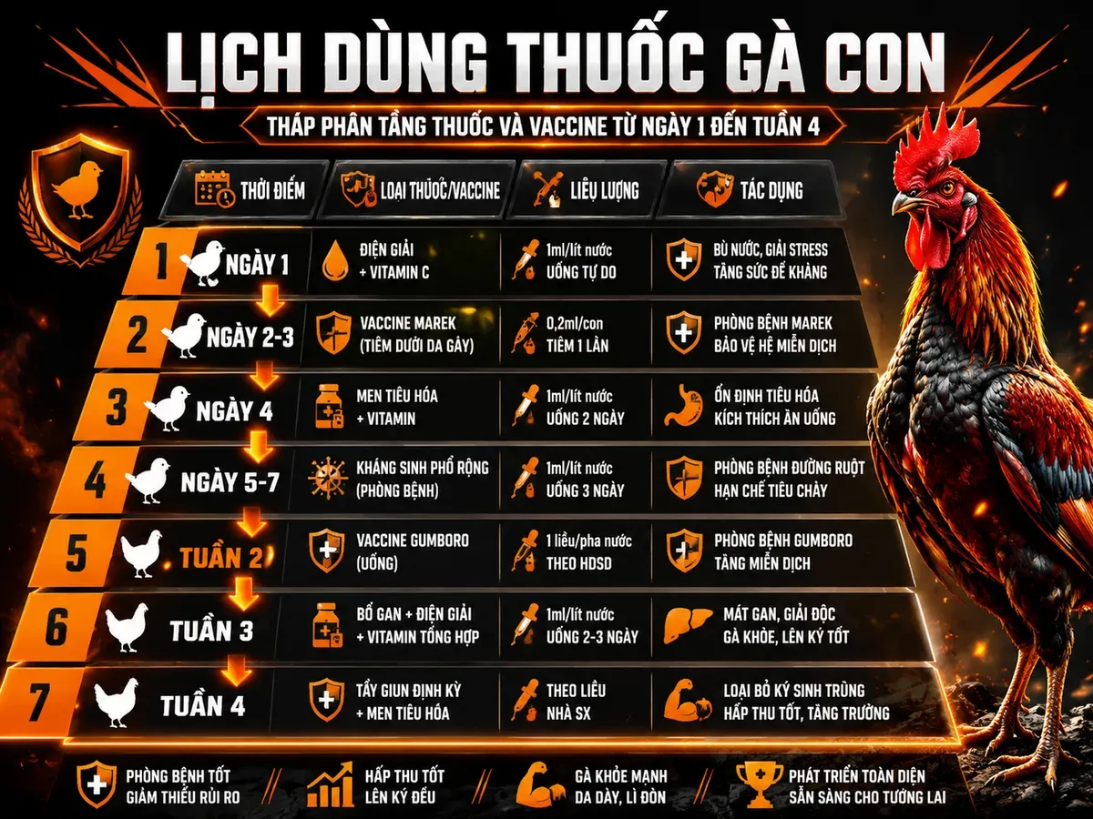 Lịch dùng thuốc và vaccine cho gà con mới nở 4 tuần đầu, minh họa dạng tháp phân tầng