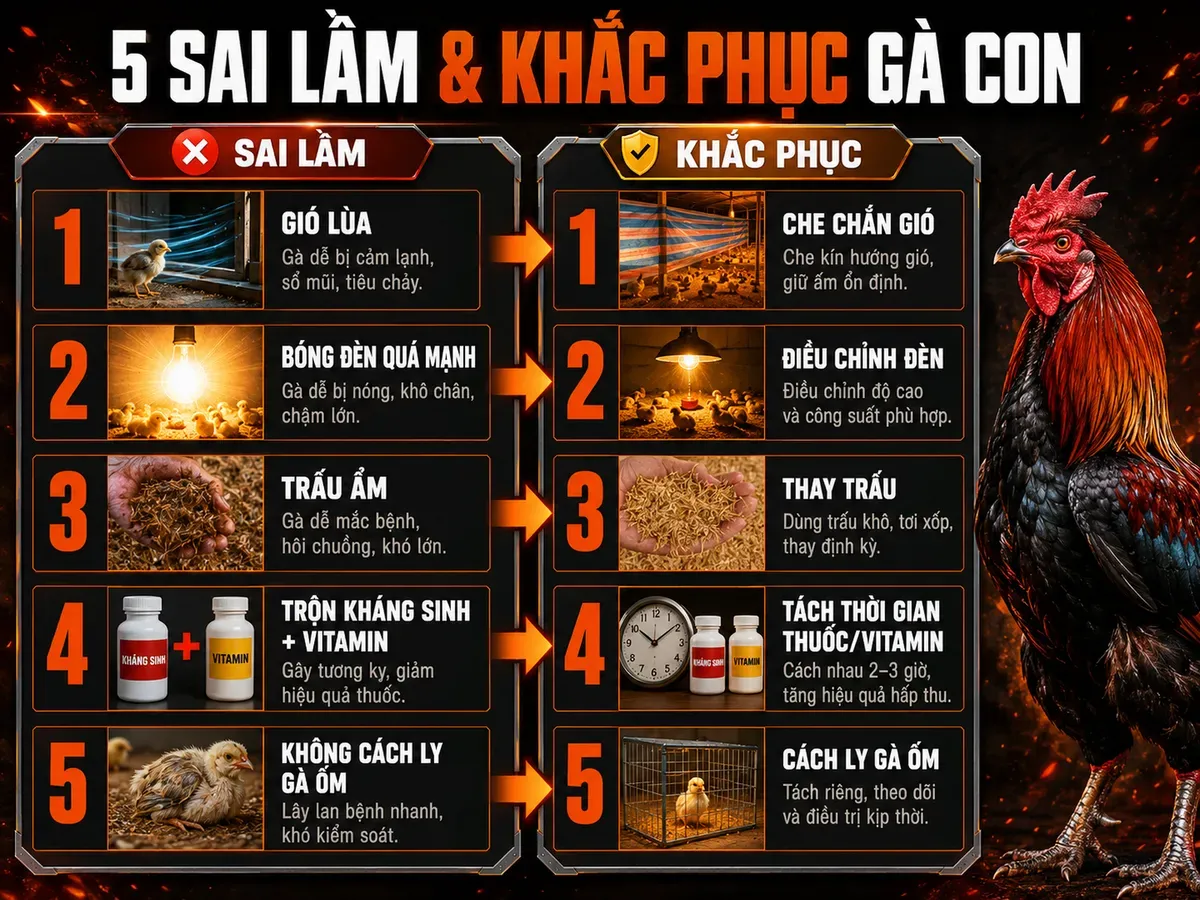 5 sai lầm khi úm gà con và cách khắc phục, infographic split comparison trực quan, dễ hiểu