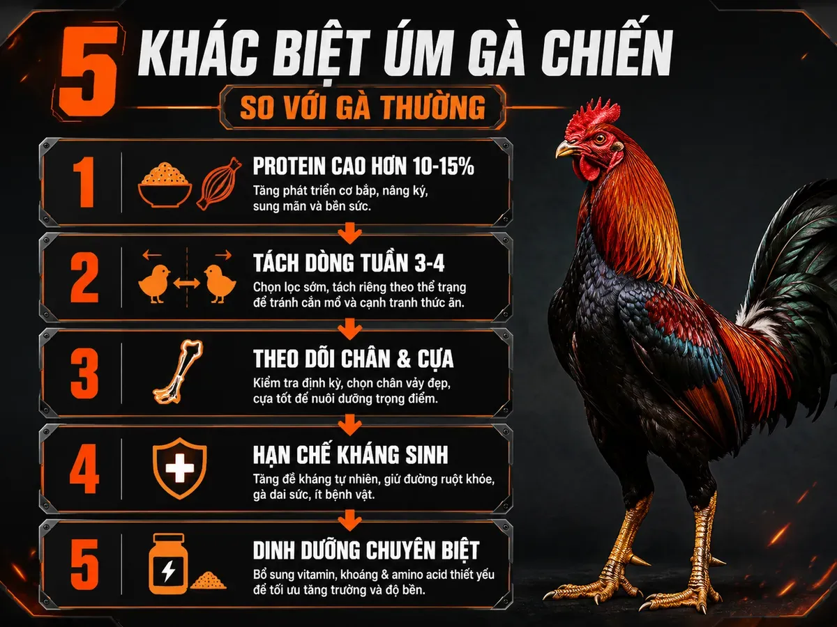 Infographic 5 điểm khác biệt khi úm gà chiến Kelso Hatch Peru so với gà thường từ dinh dưỡng, tách dòng, chân cựa đến quản lý sức khỏe.