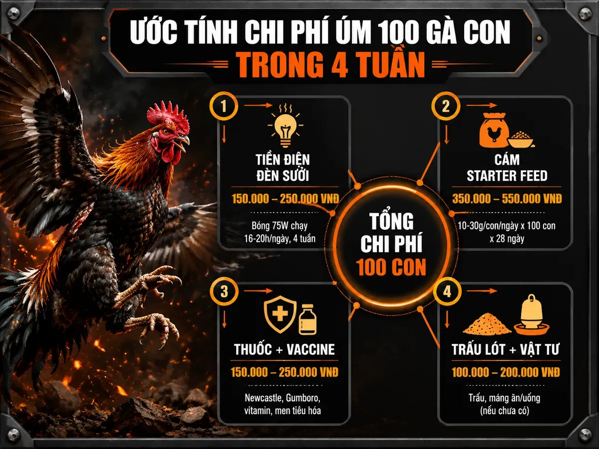 Infographic chi phí úm 100 con gà con, ước tính 4 tuần, hạng mục và tổng chi phí