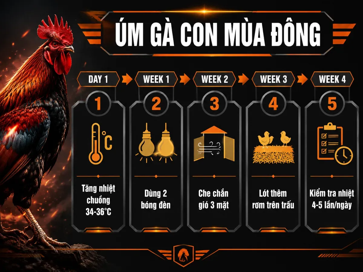 Hướng dẫn úm gà con mùa đông từ ngày 1 đến tuần 4, hiển thị nhiệt độ, bóng đèn, che chắn gió, lót rơm, kiểm tra nhiệt