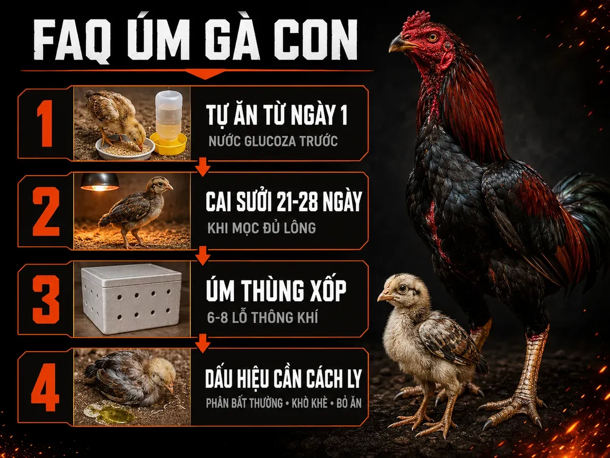 Infographic câu hỏi thường gặp về úm gà con mới nở: tự ăn, cai sưởi, thùng xốp và dấu hiệu bệnh