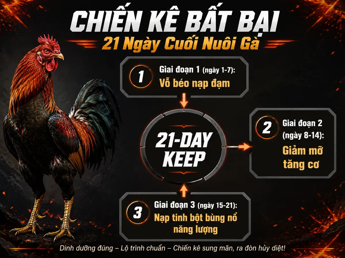 Sơ đồ 21 ngày cuối nuôi gà đá, thể hiện 3 giai đoạn với nhãn ngày và mũi tên, có gà chiến oai vệ