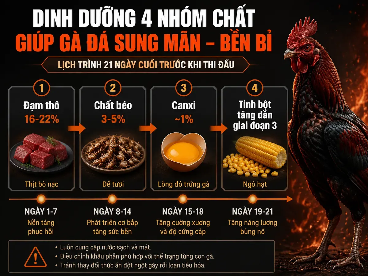 Minh họa infographic 21 ngày cuối nuôi gà đá với 4 nhóm dinh dưỡng nền tảng, tỷ lệ và nguồn thức ăn, cảnh gà trống oai vệ, phong cách dark combat