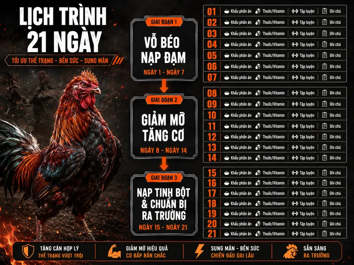 Lịch trình 21 ngày nuôi gà đá cuối trước khi ra trường, từng bước rõ ràng, từng ngày, chế độ ăn, thuốc, tập luyện, ghi chú, phong cách dark combat