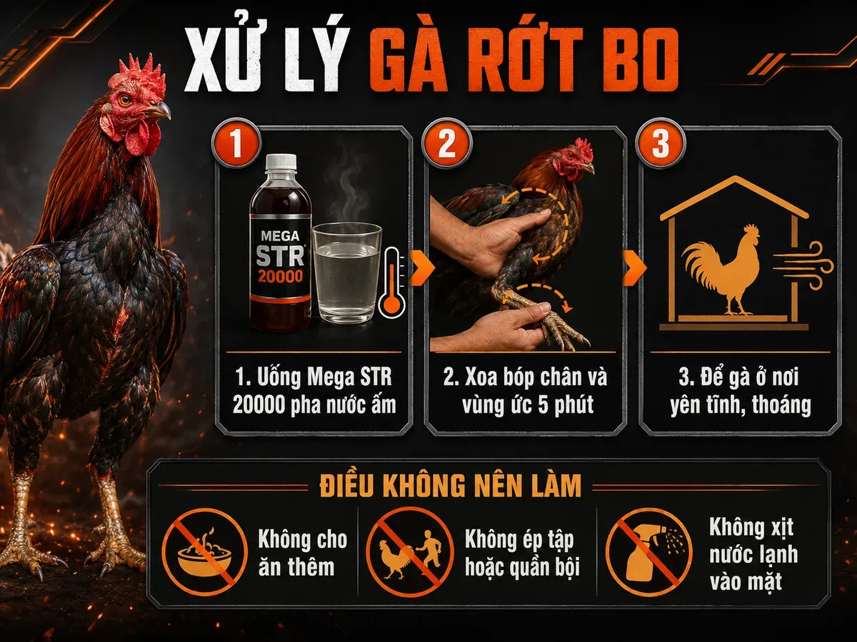 Hướng dẫn xử lý gà rớt bo nhanh trước trận đấu, 3 bước hồi sức, xoa bóp, nghỉ yên tĩnh, với lưu ý không nên làm