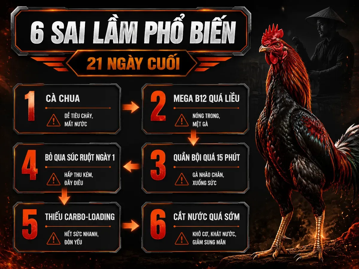 Infographic 6 sai lầm phổ biến khi nuôi gà đá 21 ngày cuối trước trận đấu