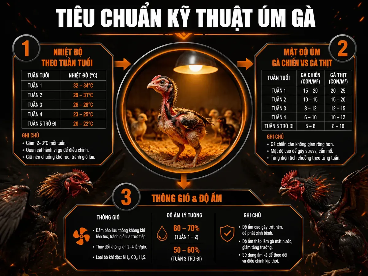 Hình minh hoạ infographic kỹ thuật úm gà con 21 ngày, nhiệt độ, mật độ và thông gió theo tuần tuổi