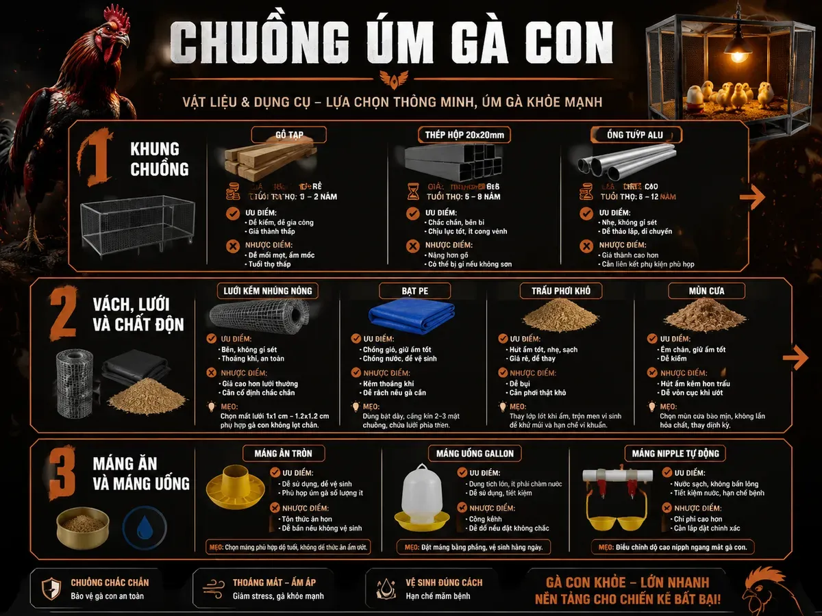 So sánh vật liệu và dụng cụ chuồng úm gà con với ưu nhược điểm, tuổi thọ, giá, bố trí từ khung đến máng ăn uống.
