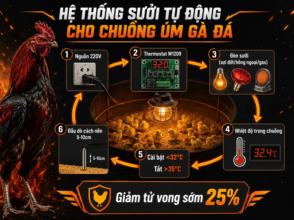Chu trình hệ thống sưởi và thermostat tự động cho chuồng úm gà con, vòng tròn minh họa các bước kết nối và điều khiển nhiệt