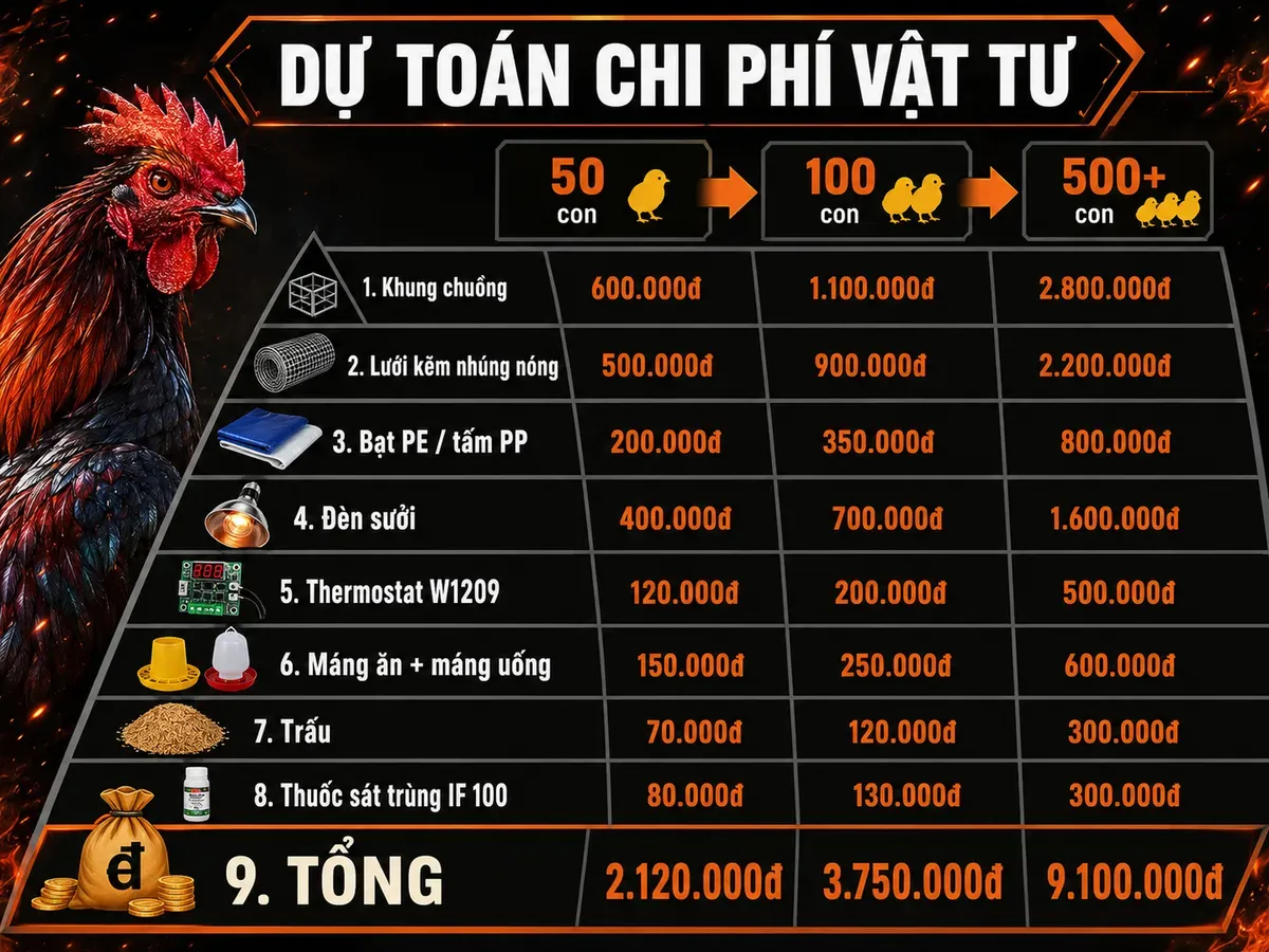 <vi SEO>Infographic chi phí vật tư chuồng úm gà con 50, 100, 500+ con, tổng chi phí, phân tầng chi phí rõ ràng.