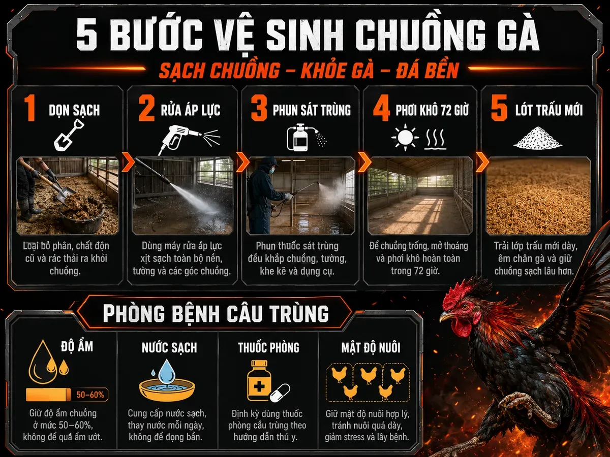 Infographic hướng dẫn 5 bước vệ sinh chuồng úm gà con và phòng bệnh cầu trùng, an toàn, chuyên nghiệp