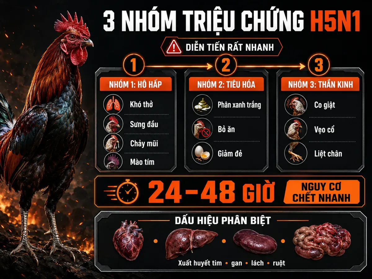 Infographic 3 nhóm triệu chứng H5N1 ở gà chiến gồm hô hấp, tiêu hóa, thần kinh và cảnh báo tử vong nhanh