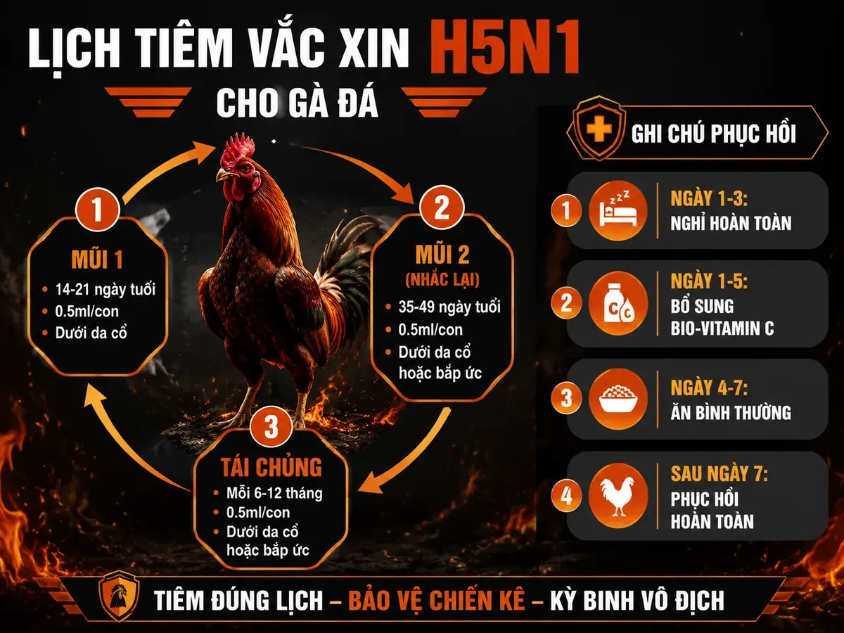 Hướng dẫn phác đồ tiêm H5N1 cho gà chiến, từ mũi 1, mũi 2 đến tái chủng, với chú thích phục hồi sau tiêm.