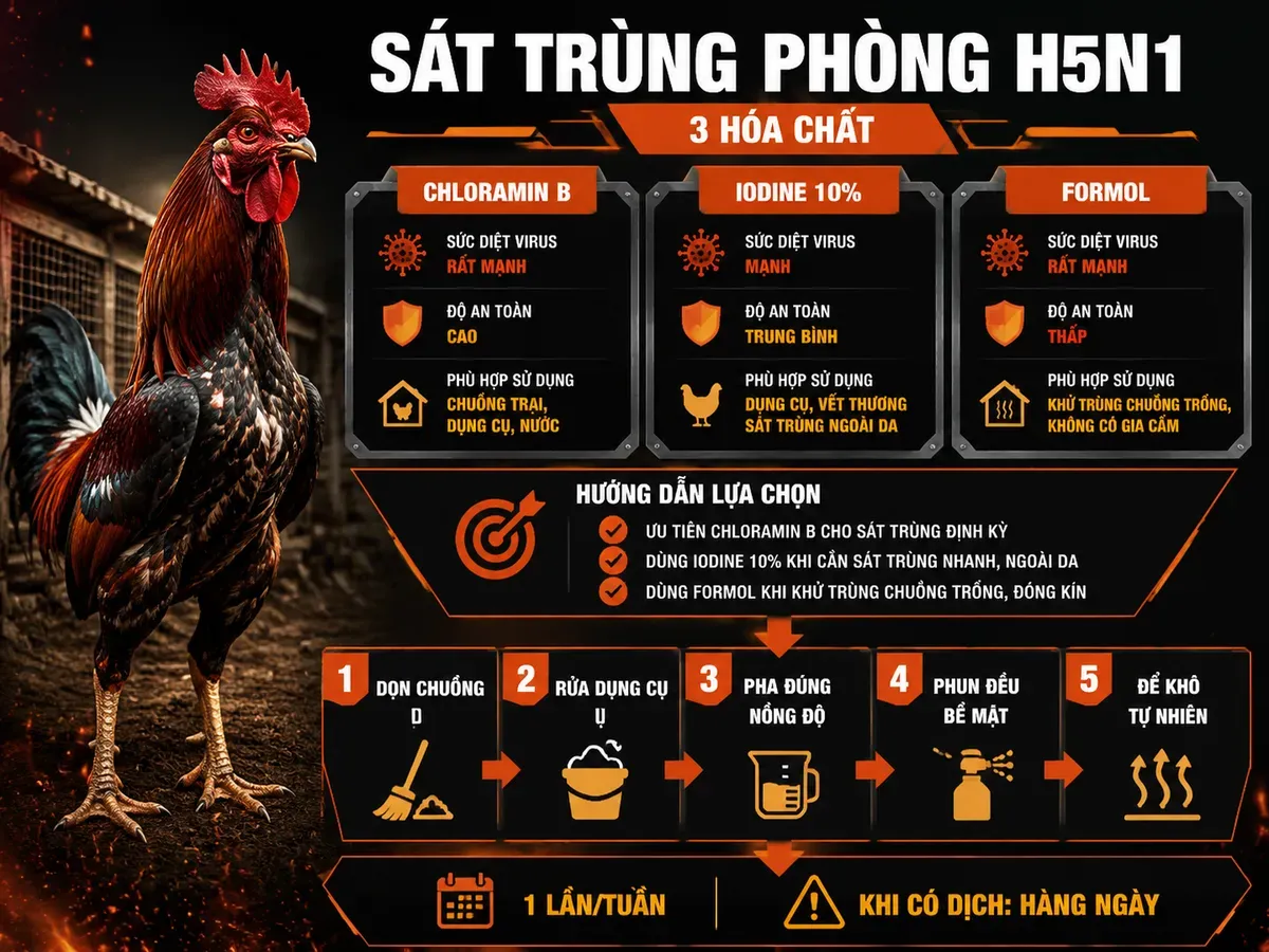 Infographic so sánh Chloramin B, Iodine và Formol cùng quy trình phun sát trùng chuồng trại phòng H5N1 cho gà chiến.