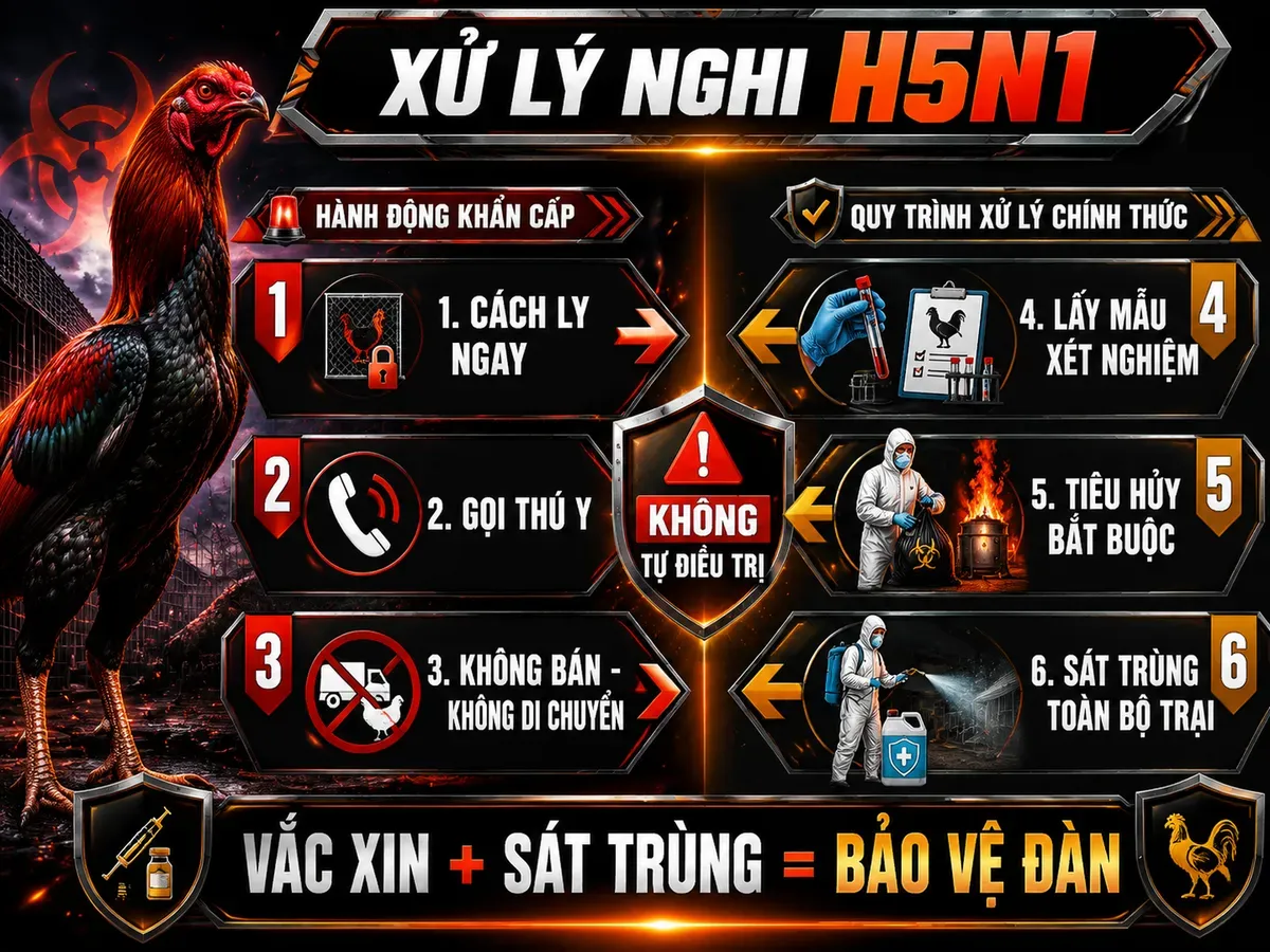 Infographic 6 bước xử lý gà nghi nhiễm H5N1: cách ly, báo thú y, xét nghiệm, tiêu hủy và sát trùng chuồng trại