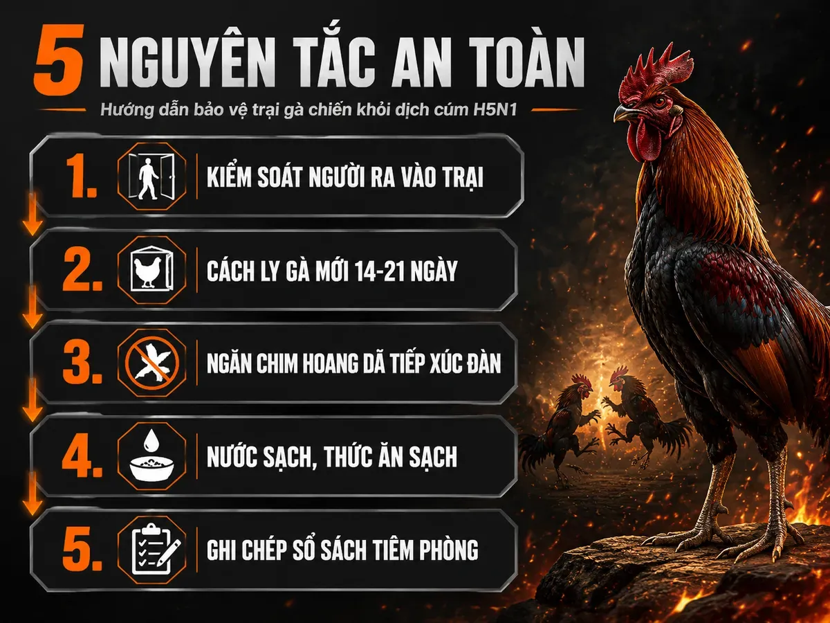 Infographic hướng dẫn 5 nguyên tắc an toàn sinh học cho trại gà chiến, minh họa gà chiến và các bước kiểm soát dịch cúm H5N1