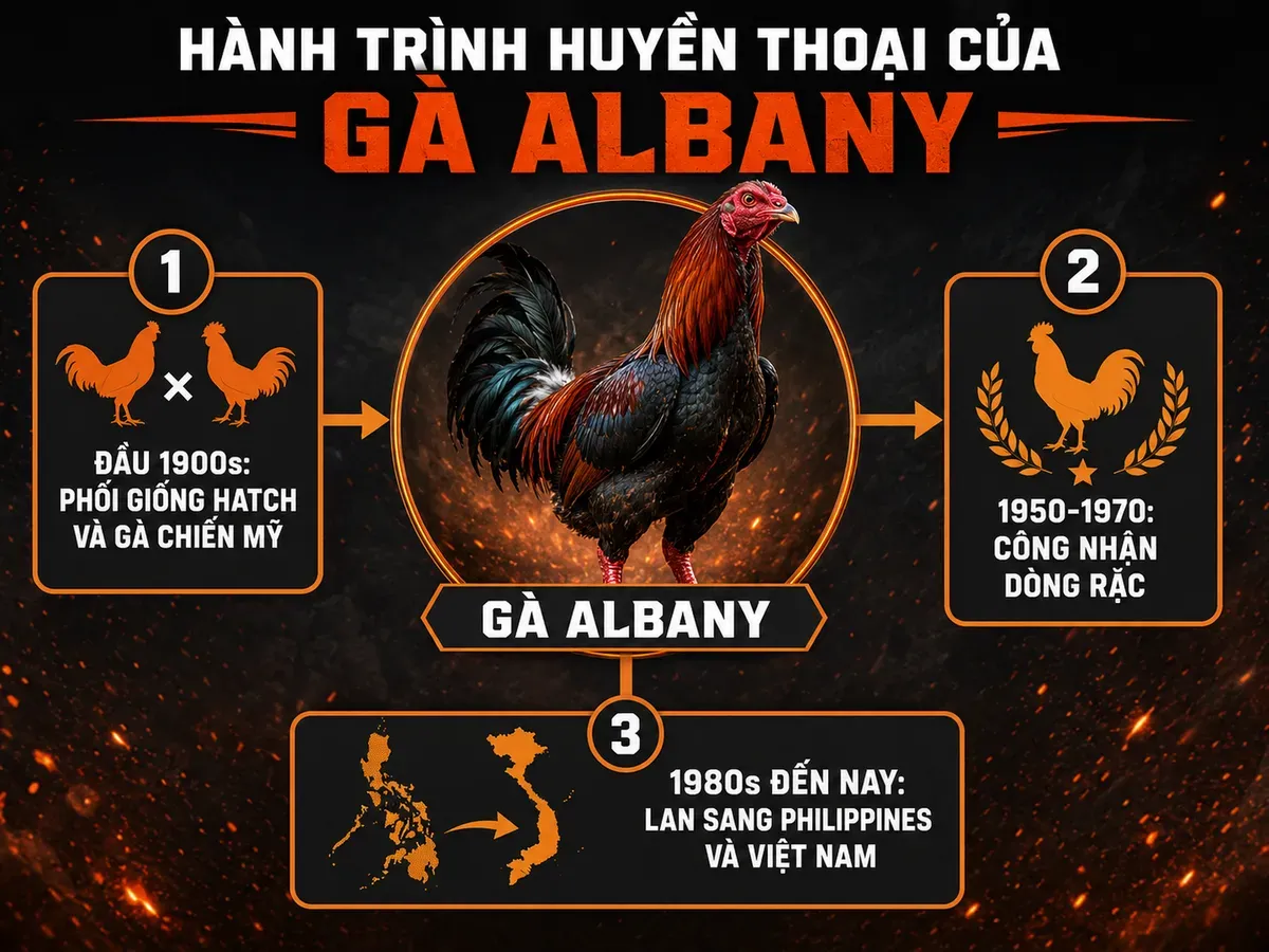 Sơ đồ nguồn gốc và lịch sử gà Albany từ Mỹ sang Philippines và Việt Nam