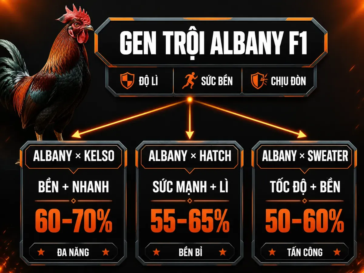 So sánh lai tạo gà Albany F1 với Kelso Hatch và Sweater theo độ bền tốc độ sức mạnh