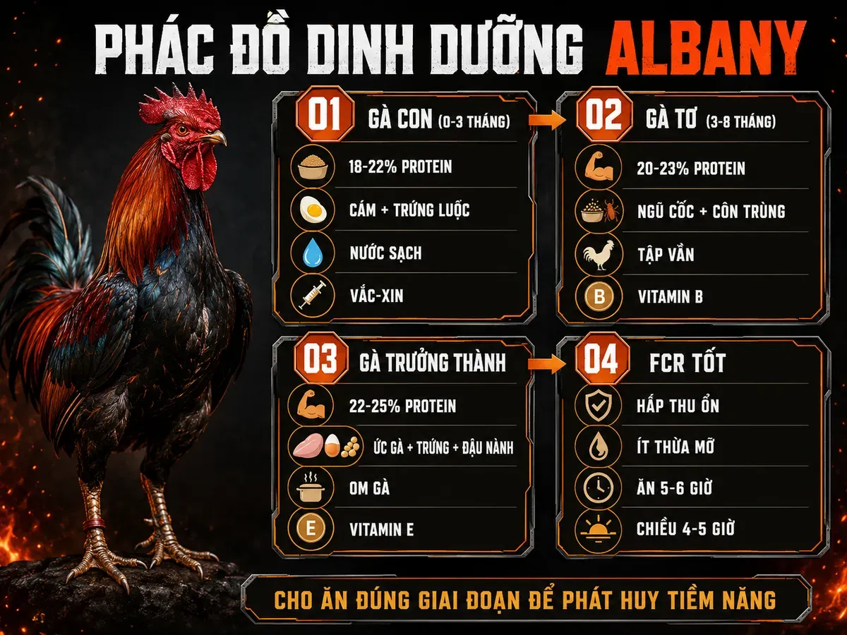 Infographic phác đồ chăm sóc dinh dưỡng gà Albany theo giai đoạn phát triển với tỷ lệ protein và lưu ý nuôi dưỡng