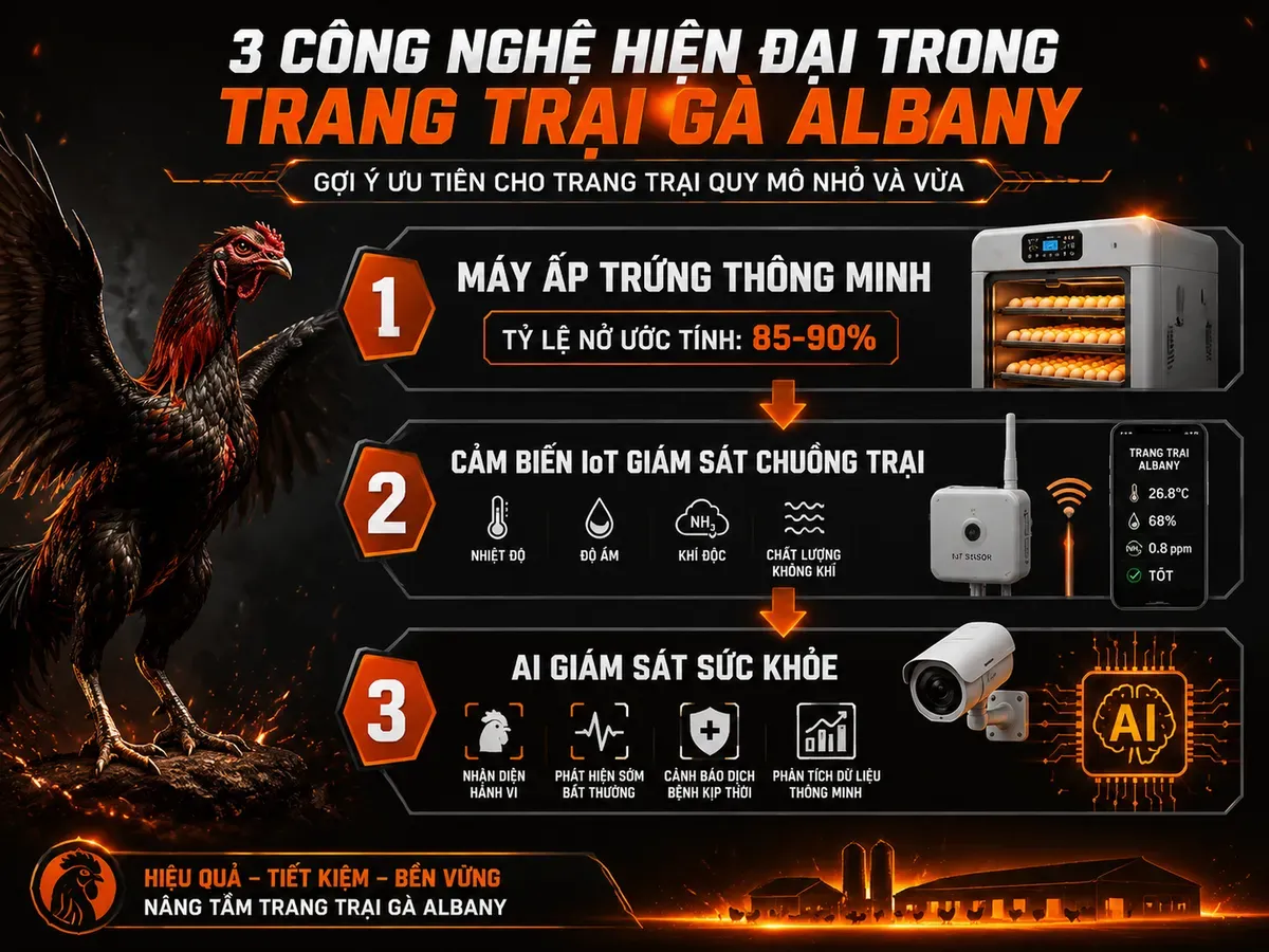 Minh hoạ công nghệ ấp trứng và quản lý trại gà Albany với máy ấp thông minh, cảm biến IoT và AI giám sát sức khỏe