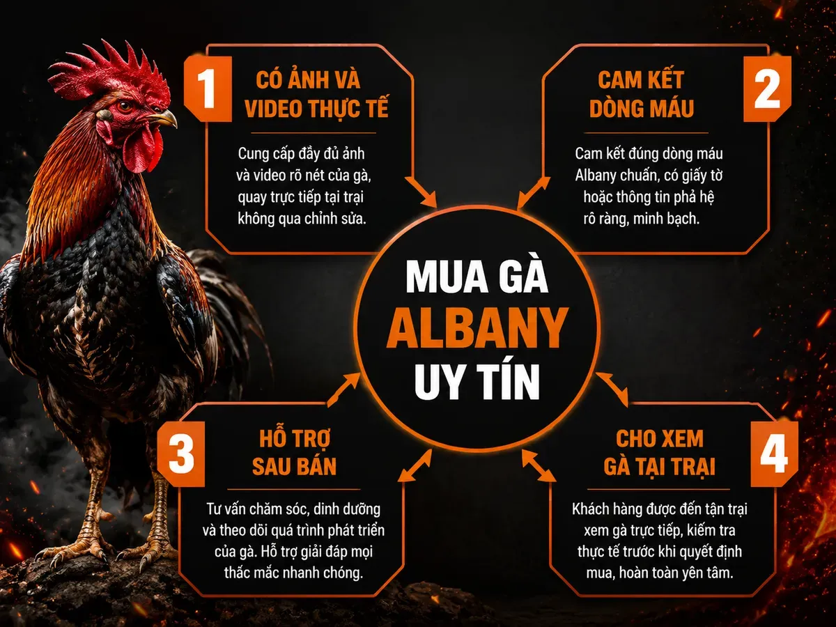 Các tiêu chí chọn trại gà Albany uy tín với hướng dẫn trực quan, nhấn mạnh an toàn và dòng máu chuẩn