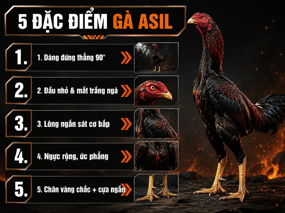 Minh hoạ 5 đặc điểm ngoại hình của gà Asil thuần chủng Việt Nam