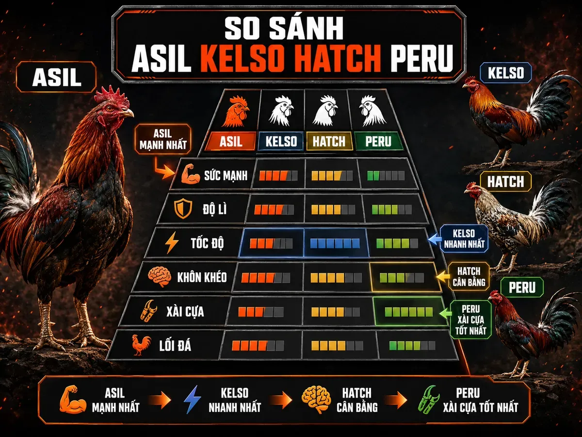 So sánh gà Asil, Kelso, Hatch và Peru theo sức mạnh, độ lì, tốc độ và lối đá