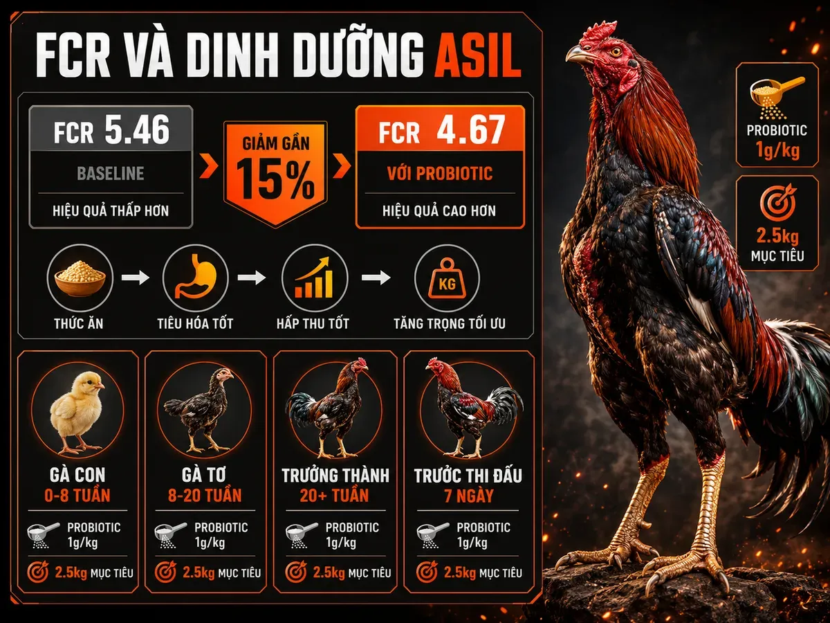 Infographic FCR gà Asil và phác đồ dinh dưỡng theo từng giai đoạn nuôi