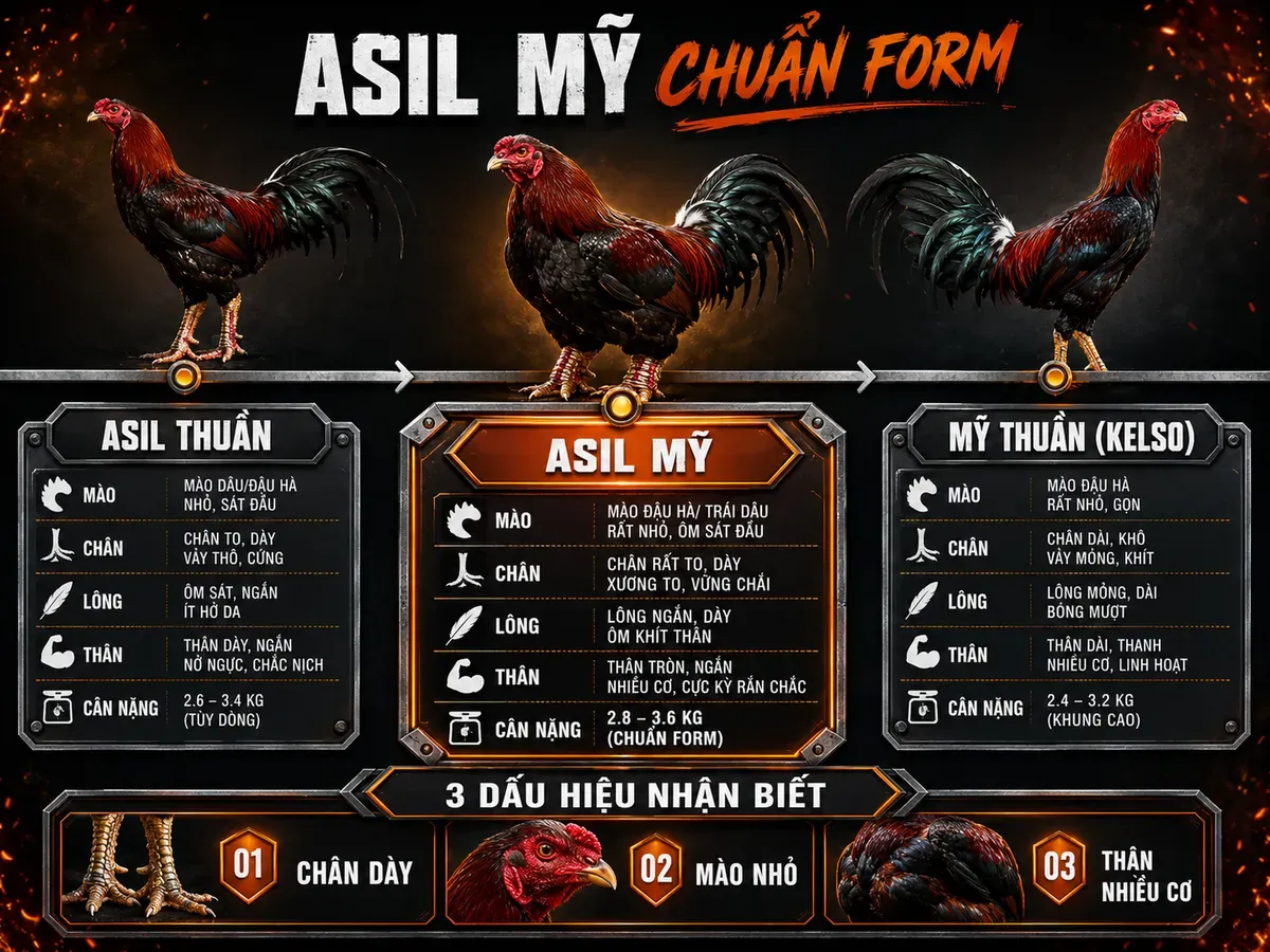 So sánh ngoại hình Asil thuần, Asil Mỹ và Mỹ thuần Kelso với các đặc điểm nhận diện chân, mào, lông và thân hình.