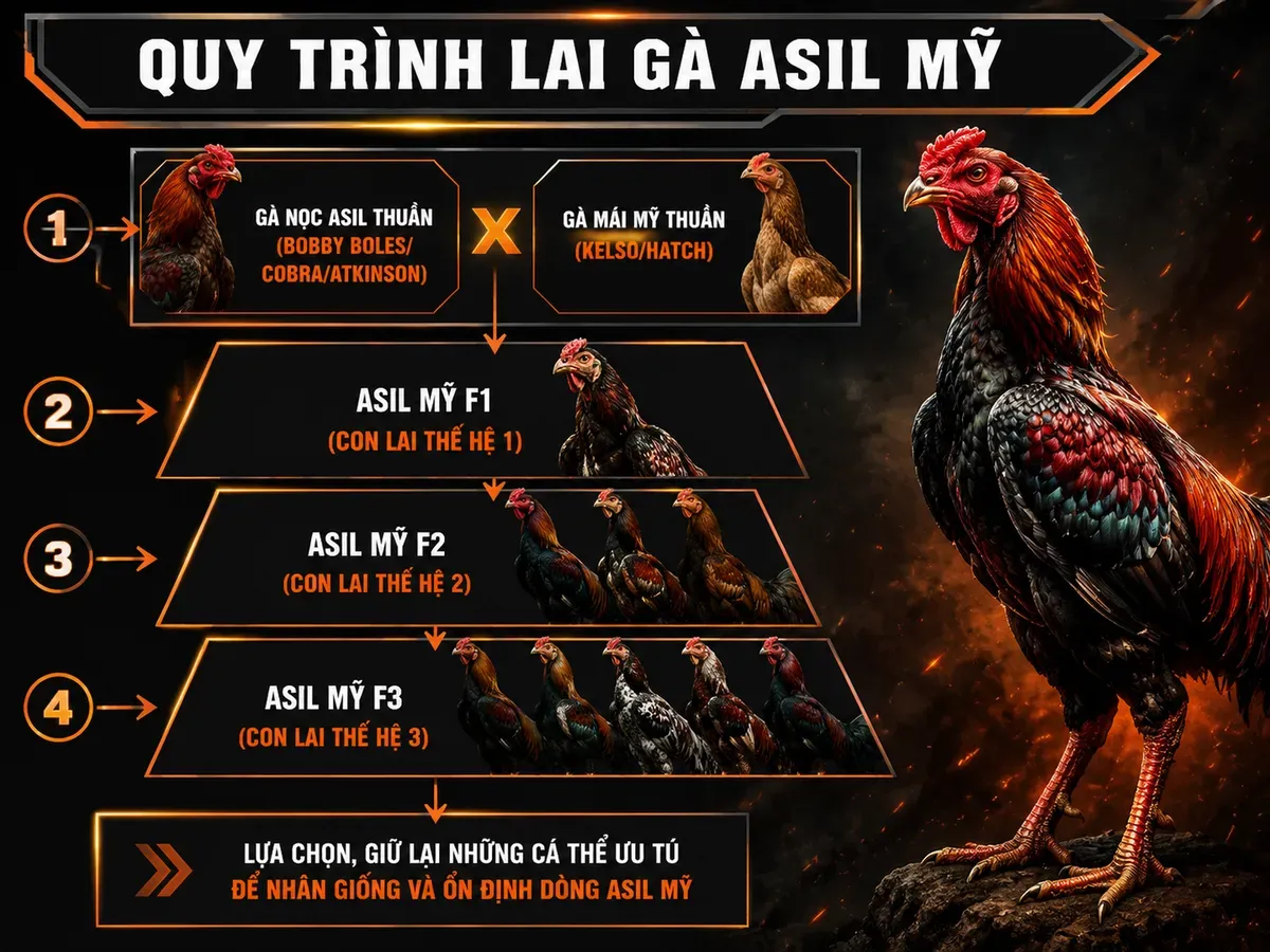 Sơ đồ quy trình lai tạo gà Asil Mỹ, phân tầng F1, F2, F3, đặc tính sức mạnh và tốc độ, infographic gà chiến