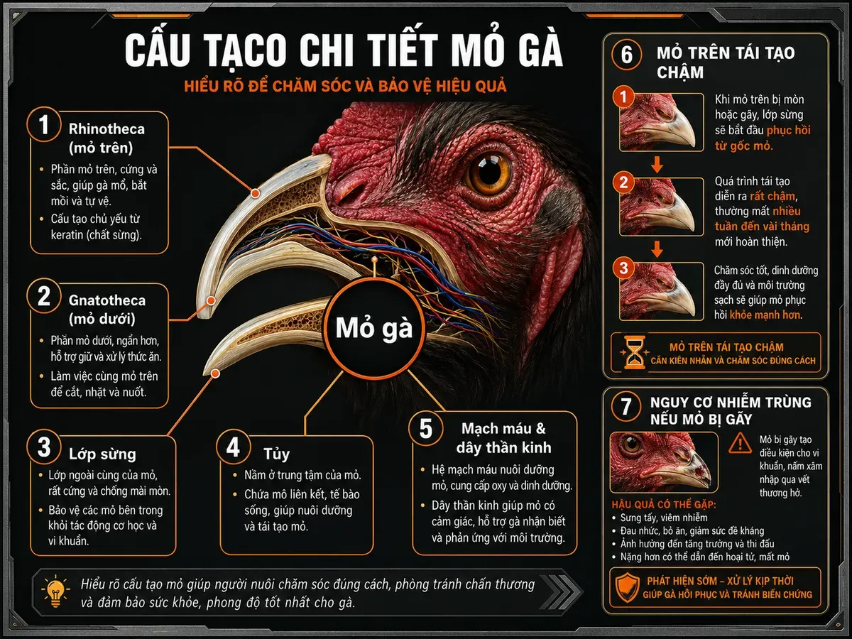 Hình minh hoạ cấu trúc mỏ gà, phân biệt mỏ trên và mỏ dưới, nhãn giải thích nguy cơ gãy mỏ trên