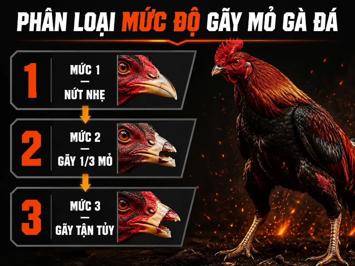 Minh họa 3 mức độ gãy mỏ gà chiến và hướng xử lý tại trại