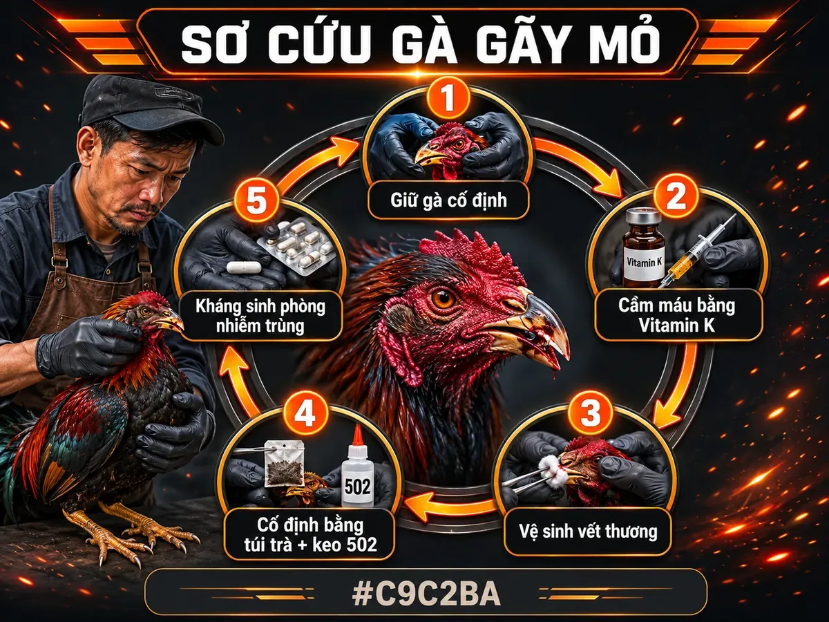 Hình minh họa sơ cứu gà bị gãy mỏ tại trại, 5 bước đầu tiên, biểu đồ vòng tròn mũi tên