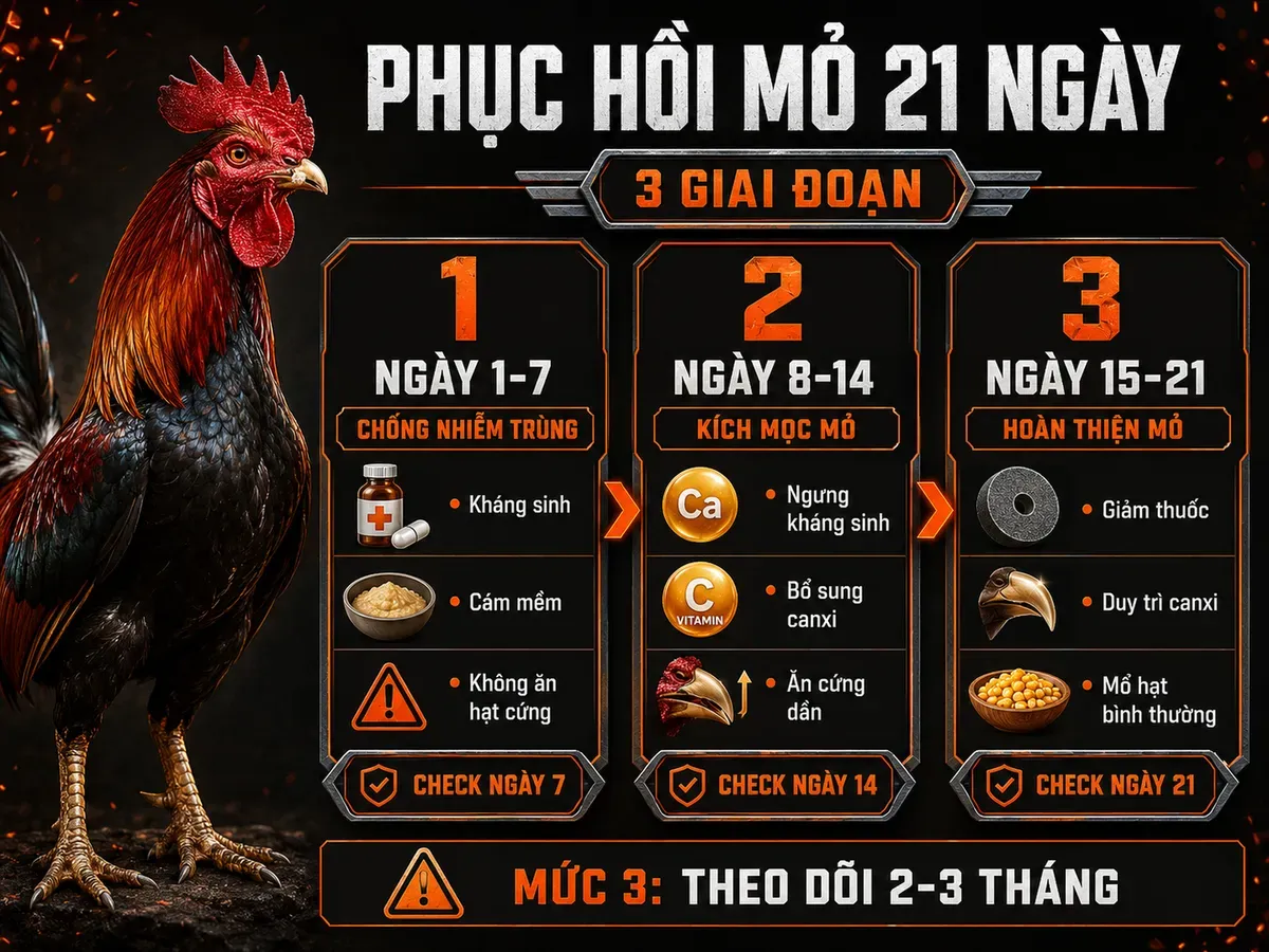 Infographic phác đồ phục hồi gãy mỏ trên cho gà đá trong 21 ngày theo từng giai đoạn