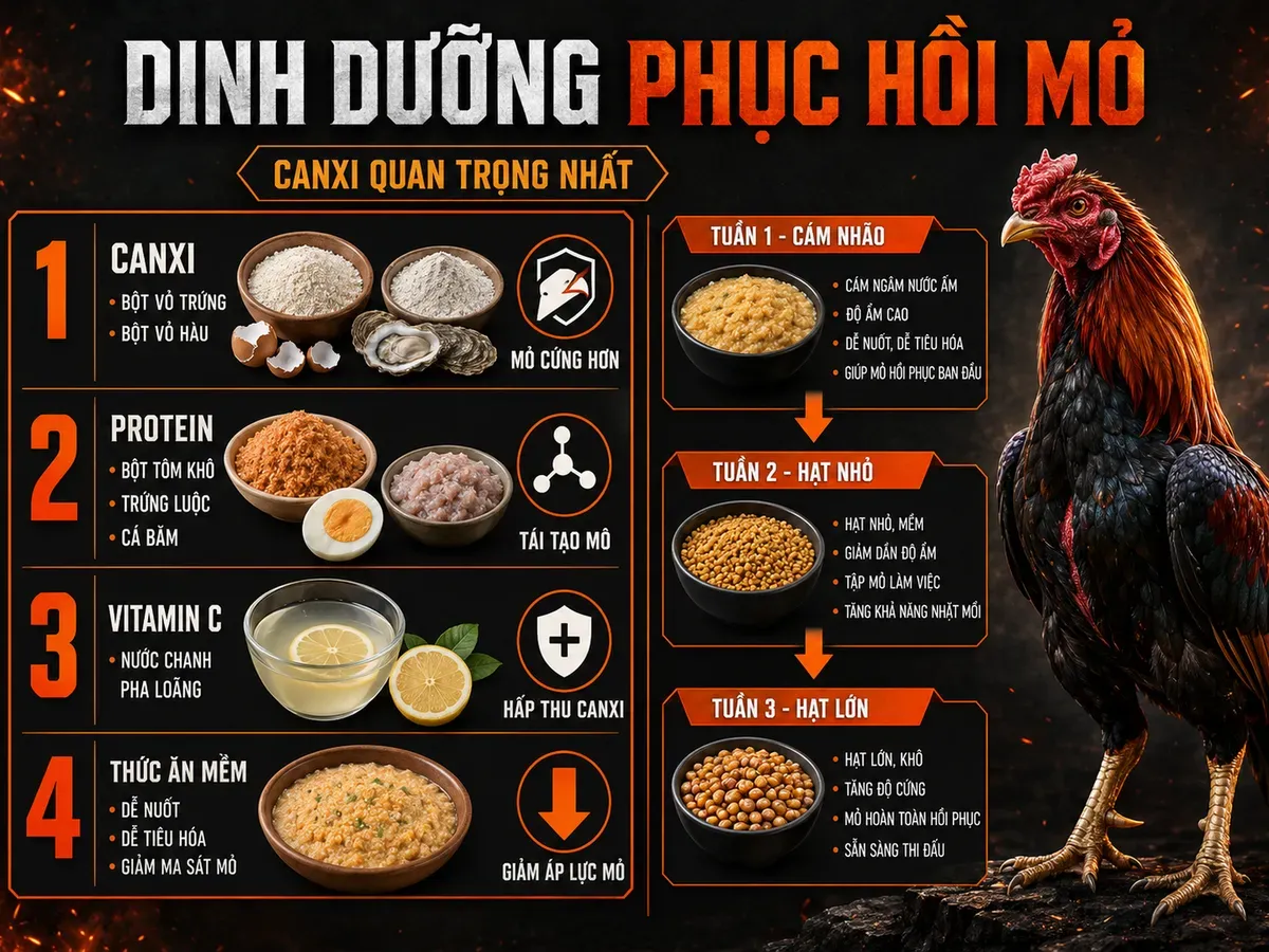 Infographic dinh dưỡng giúp gà gãy mỏ trên phục hồi nhanh với canxi protein vitamin C và lộ trình ăn mềm đến cứng