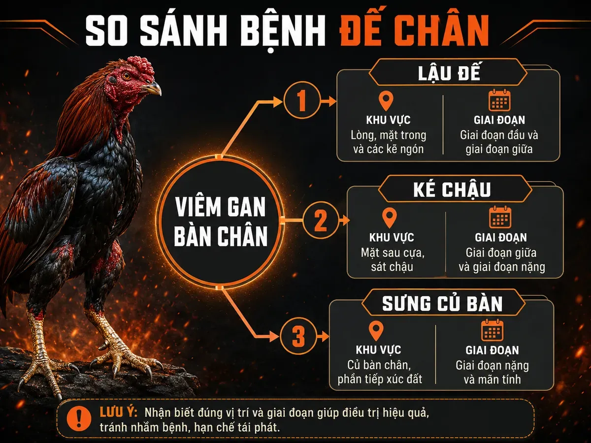 Sơ đồ so sánh lậu đế, ké chậu, sưng củ bàn ở gà chiến, phân theo vùng miền và giai đoạn