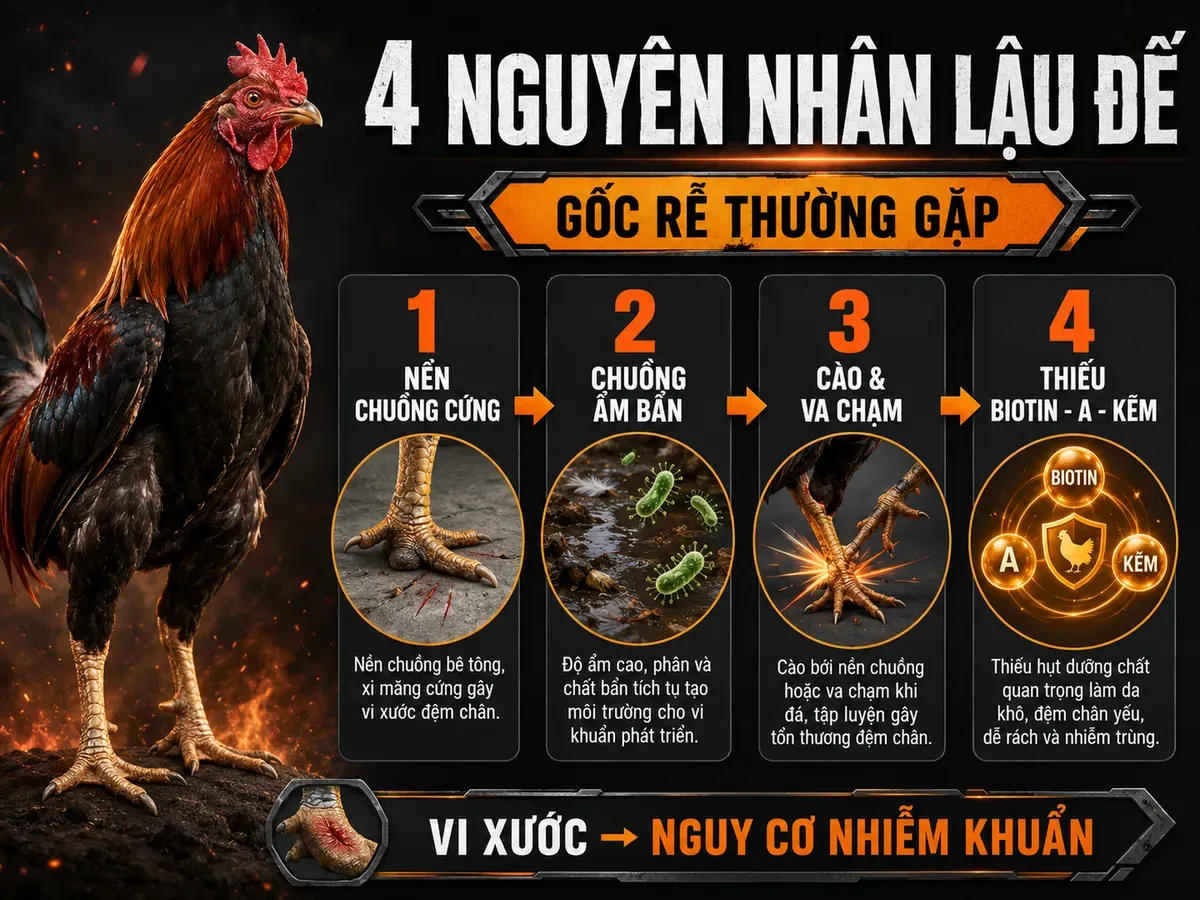 Infographic 4 nguyên nhân gây lậu đế ở gà chiến với các mốc nền cứng, chuồng ẩm, va chạm và thiếu vi chất.