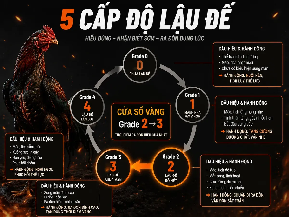 So sánh 5 cấp độ lậu đế gà chiến, từ Grade 0 đến Grade 4, dấu hiệu & hành động từng cấp