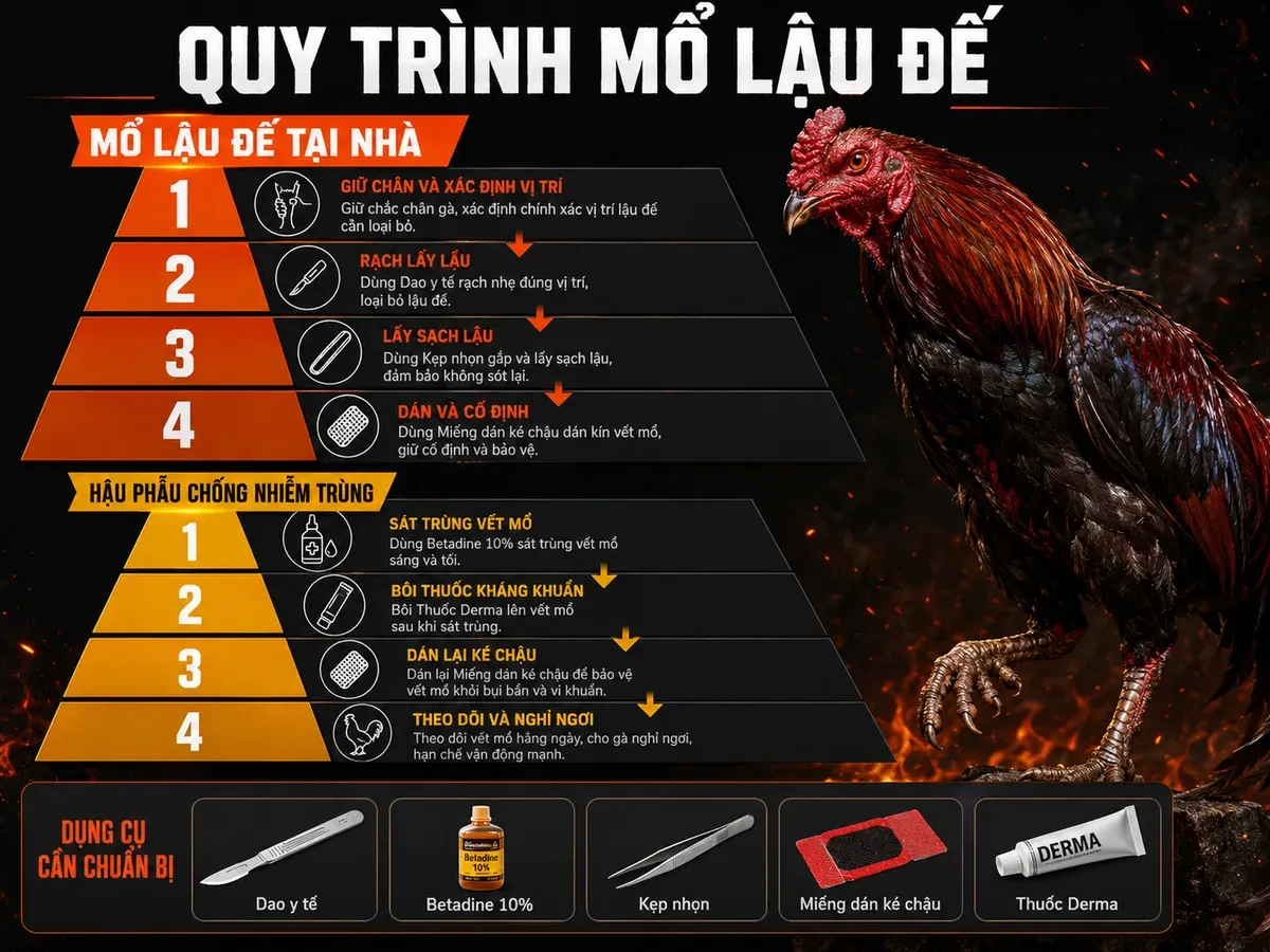 Hình infographic hướng dẫn mổ lậu đế và chăm sóc sau mổ cho gà chiến tại nhà
