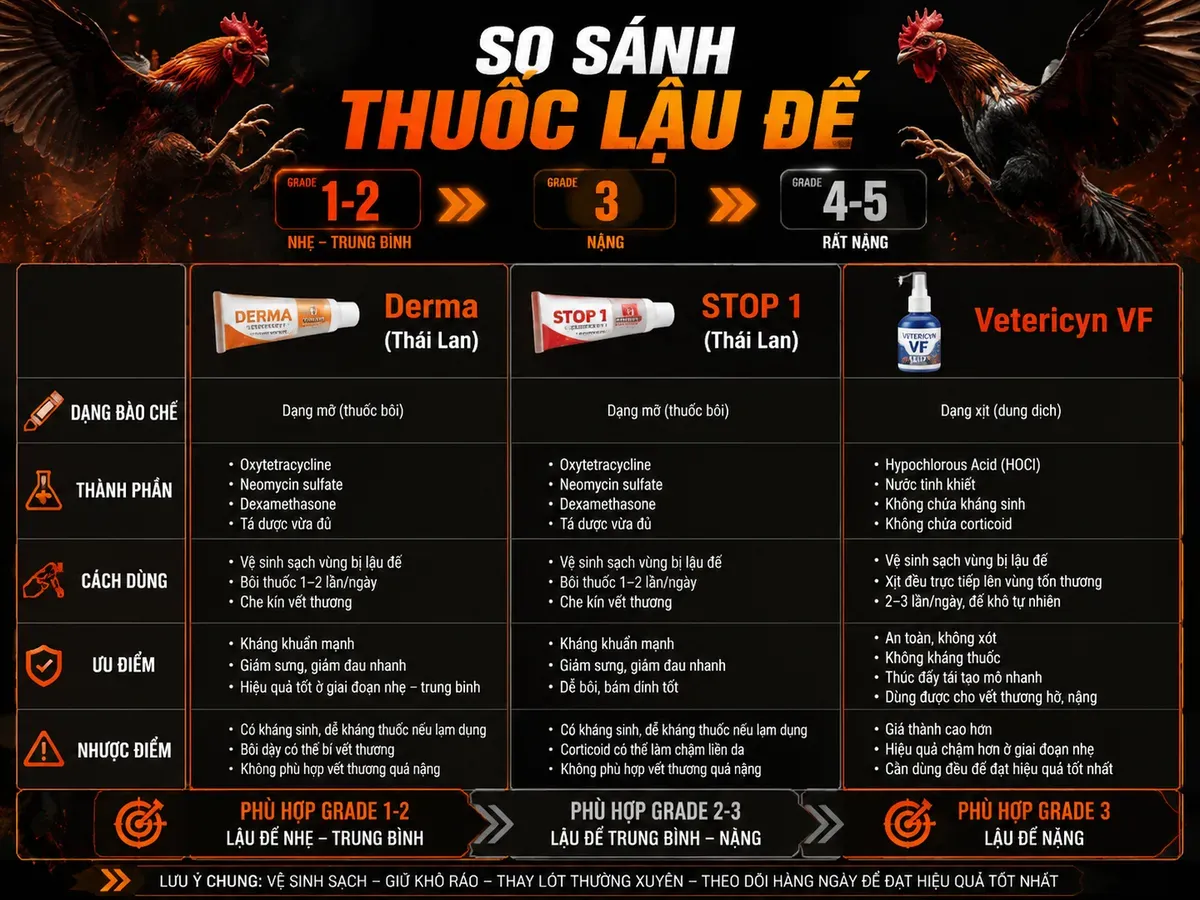 Bảng so sánh 3 loại thuốc bôi trị lậu đế cho gà chiến, có icon sản phẩm và nhãn thông tin